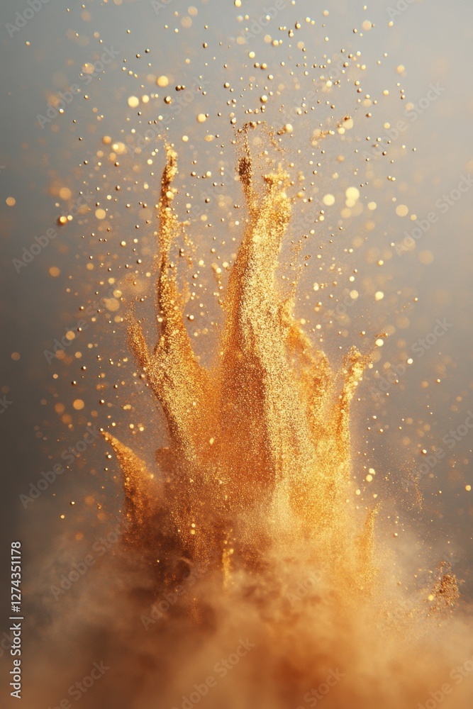 Poster ethereal golden dust explosion creating a mesmerizing effect against a neutral backdrop adding a tou