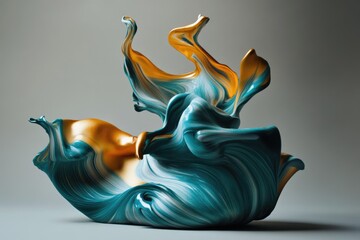 Abstract art depicting swirling teal and gold paint, creating a dynamic, sculptural form.