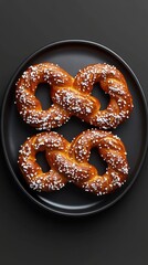 Two delicious pretzels adorned with coarse salt on a black plate against a dark background providing a simple and elegant food photography style