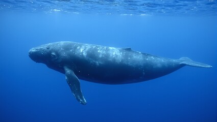 Obraz premium Majestic blue whale swimming underwater tail fin gracefully arcing