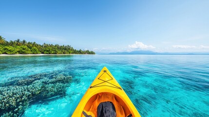 Kayaker paddling through calm turquoise waters tropical paradise photo eco-tourism experience serene landscape adventure