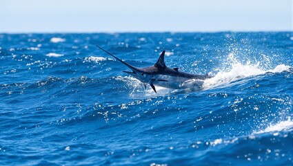 Fototapeta premium Swordfish slicing through ocean waves with bill aimed forward