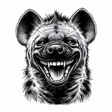 Laughing hyena with a mischievous grin. Black and white image