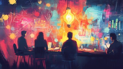 Artistic rendering of a business model innovation workshop depicted through abstract brainstorming sessions and lightbulb moments