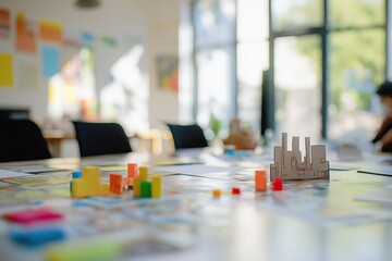 Colorful model city designs on table illustrate local authority planning meeting, highlighting building permit process. Concept focuses on collaborative urban planning and community development