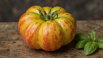 Fresh heirloom tomato with basil on rustic kitchen counter