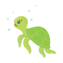 Green sea turtle in cartoon style, digital art illustration. Vector illustration of a cute green sea turtle swimming underwater.