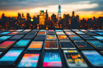 Numerous smartphones displaying diverse content against a blurred cityscape backdrop at sunset.