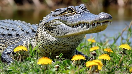 Fototapeta premium Wildlife Photography Of A Crocodile, Animal Photography, Crocodile Close-up. Young Alligator Lounging in Lush Green Foliage .