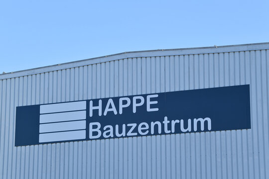 Germany, Brilon, February 18. 2025, sign lettering logo of Happe Bauzentrum, a building materials retailer