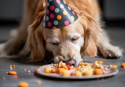 Happy golden retriever dog wearing colorful party hat enjoying birthday cake crumbs on a festive occasion at home with joyful atmosphere