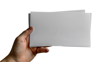 Hand Holding White Paper Sheets Clean Minimalist Mockup for Design Themes, isolated on transparent background.