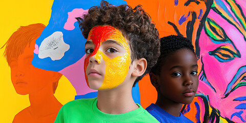 Fototapeta premium Portrait of Two Children with Abstract Background Painting