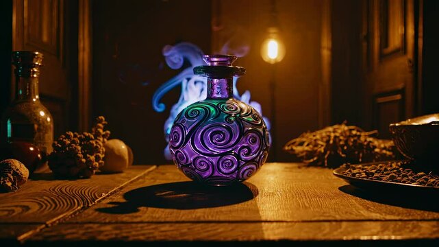 A mystical potion bottle on a wooden table, captured from a low-angle in warm lighting, creating a magical, enchanting video atmosphere.
