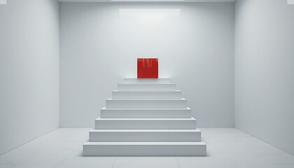 Fototapeta premium Abstract 3D render shows stairs. White steps lead upward. Red step stands out as next step. Modern design emphasizes progress, success. Blank space for product placement. Ideal for growth concepts.