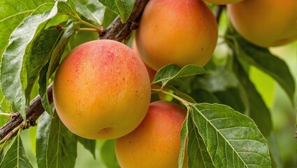 Ripe apricots on tree branches with green leaves in background