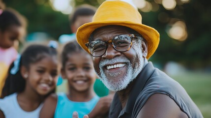 Happy Grandfather Smiling with Grandchildren Outdoor Joyful Family Portrait Summertime Happiness Elderly Man Children's Laughter Precious Moments     