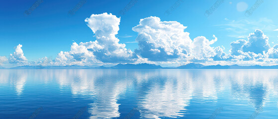 A serene landscape featuring calm waters reflecting fluffy clouds under a clear blue sky, creating a peaceful and tranquil atmosphere.