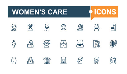 Women's Care icon set. Includes thin line health, veg, man, style, gym, beauty, breast and more. Minimalistic icons. Editable vector outline and solid icons.