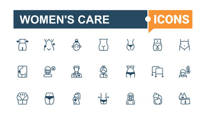 Women's Care icon set. Includes thin line health, veg, man, style, gym, beauty, breast and more. Minimalistic icons. Editable vector outline and solid icons.