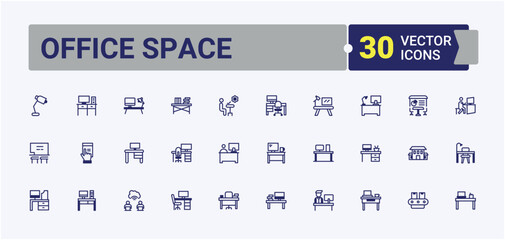 Office Space minimal icon set. Related to technology, laptop, support, clock, workplace and more. Web icons. Solid line editable stroke.