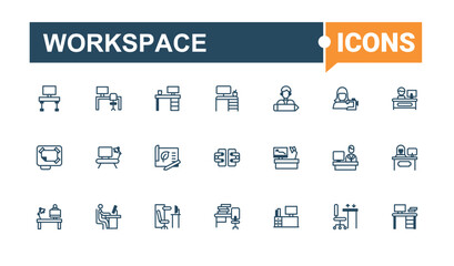 Set of Workspace line icons. Includes icons for company, coworking, building, clock, laptop, team, technology, on. Pixel perfect. Editable vector icon.