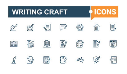 Writing Craft isolated icon set. Contains related to dictionary, typing, idea, book, textbook and more. Pixel perfect. Vector line and solid icons.