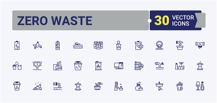 Zero Wasting line icons. It contains symbols to bag, recycle, ecological, zero, rot and more. Collection for mobile and web apps. Vector line and solid icons.
