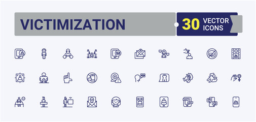 Set of Victimization line icons. Contains related to equality, people, woman, sex, harassment, male, assault, female and more. Simple line vector. Editable vector art.