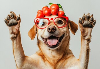 Playful dog with red glasses and vegetable hat, raising paws in joy, perfect for cheerful animal-themed projects and marketing materials, studio background