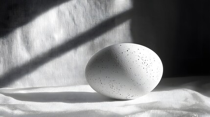 Minimalist and Elegant Photography of a Single White Egg on a Clean White Background with Soft Natural Lighting Casting a Delicate Shadow