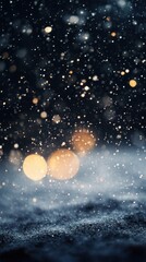 Fototapeta premium Ethereal winter night landscape with golden bokeh lights and soft snow creating a magical atmosphere for holidays
