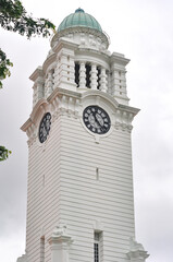 Singapore - January 21, 2024: Oldest Victoria Theatre and Concert Hall in Empress Place, Singapore, with a complex of two buildings and a clock tower.