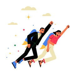 Businessman And Businesswoman Flying With Jetpacks In Flat Vector Illustration Symbolizing Innovation, Career Advancement, Teamwork, And Ambition, Isolated On White Background.
