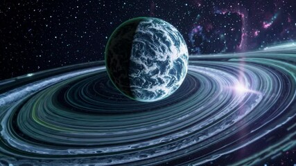 A mesmerizing space scene with a planet and rings viewed from a low angle, capturing a cosmic video vibe with swirling patterns and vibrant colors.