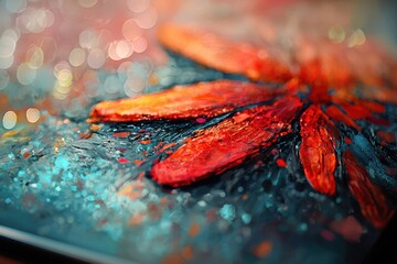 Abstract oil painting depicting a vibrant flower with blurred bokeh lights in the background, creating a whimsical and dreamlike artistic composition.