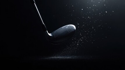 Golf club impact, dark background, dust particles, sports advertising