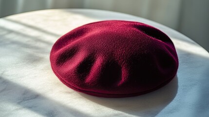 A classic beret in rich wine red, resting on a white marble table with soft lighting highlighting the felt texture