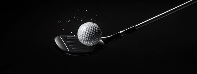 Golf club poised to strike ball; dark background; sport action