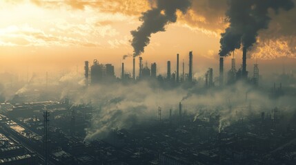 Fototapeta premium Heavy Smoke Covering Cityscape with Industrial Structures at Dusk