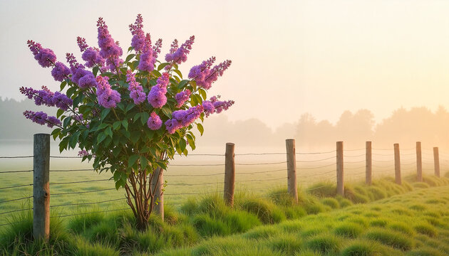 Solitary lilac bush in a misty countryside field with a rustic wooden fence at sunrise, symbolizing seasonal bloom and tranquility.
