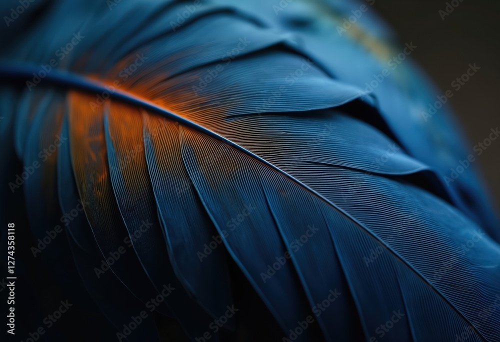 Poster macro close-up of dark blue feather with orange tints. feather delicate texture, displaying intricat