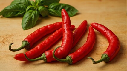 Vibrant red chilies and basil leaves on wooden surface