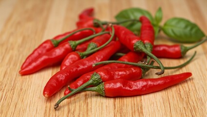 Vibrant red chilies and basil leaves on wooden surface