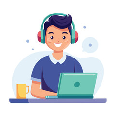 man in headphones, studying at laptop. Happy female student watching business webinar. Video conference call, remote work communication. Flat vector illustration isolated on white background