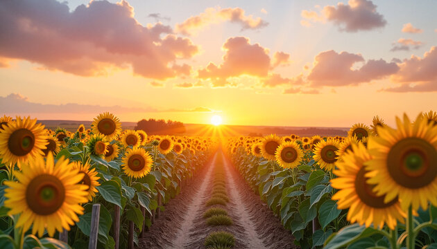 Sunflower field glowing at sunrise with vibrant golden and pink hues, serene nature concept.