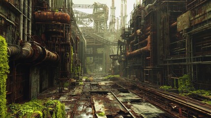 Toxic Deserted Wasteland with Overgrown Plants and Industrial Ruins
