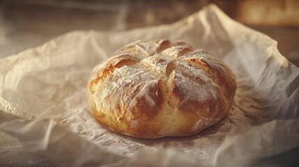 Freshly baked bread on parchment paper in warm lighting, showcasing artisanal sourdough with a crispy crust and fluffy interior for culinary inspiration.