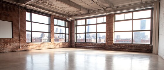 Obraz premium Spacious loft with large windows offering city views.