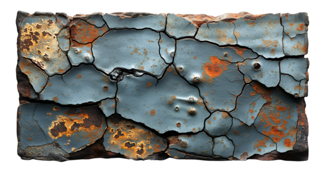 Rustic Blue Metal Texture Cracked Paint, Aged Iron with Rust for Backgrounds, isolated on transparent background.